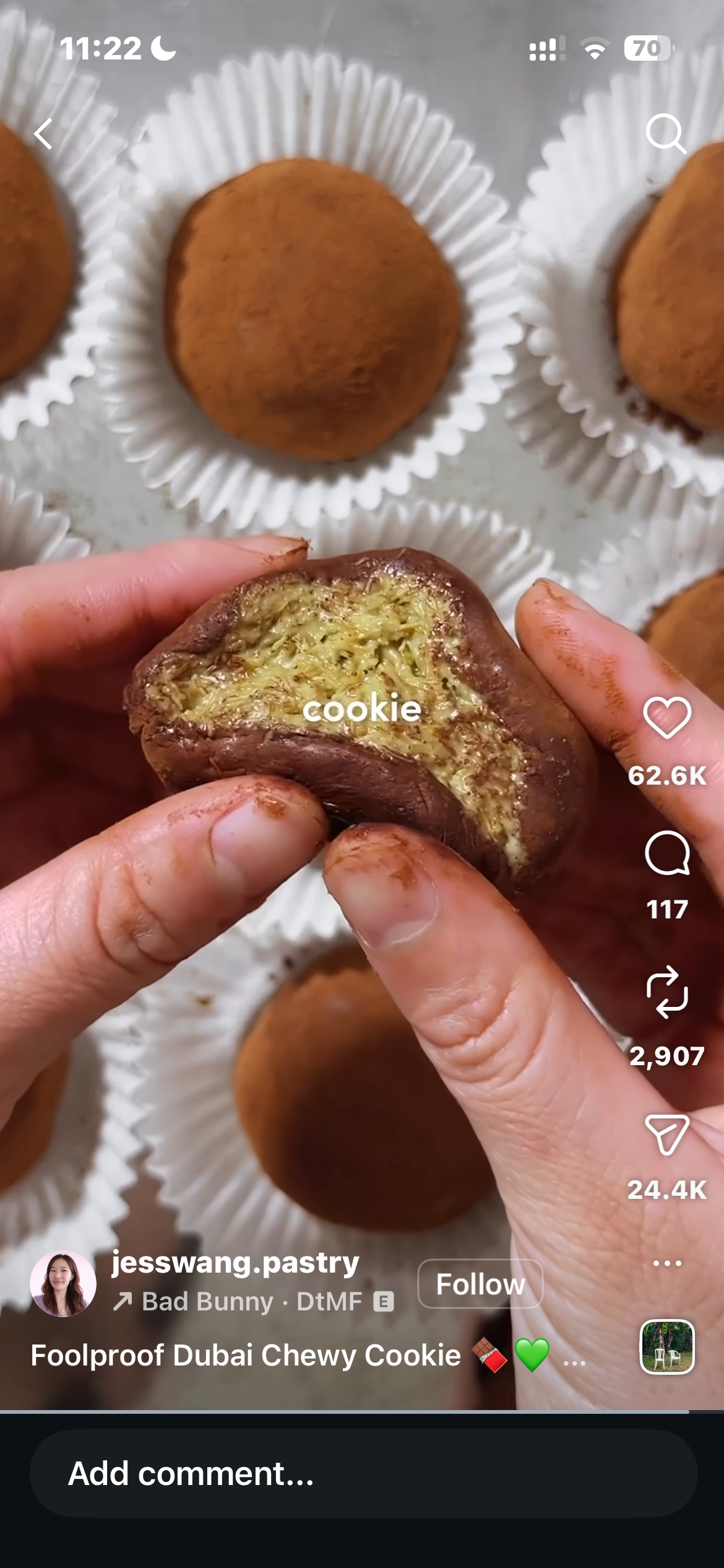Instagram Reel screenshot showing a Dubai chewy cookie video